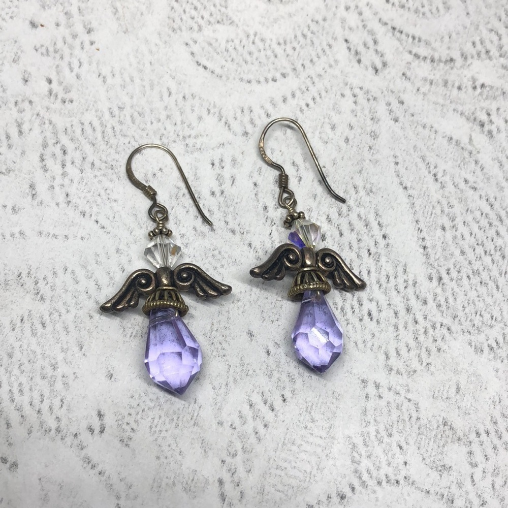 PURPLE glass crystal angel dangle drop earrings with sterling silver 925 hooks.